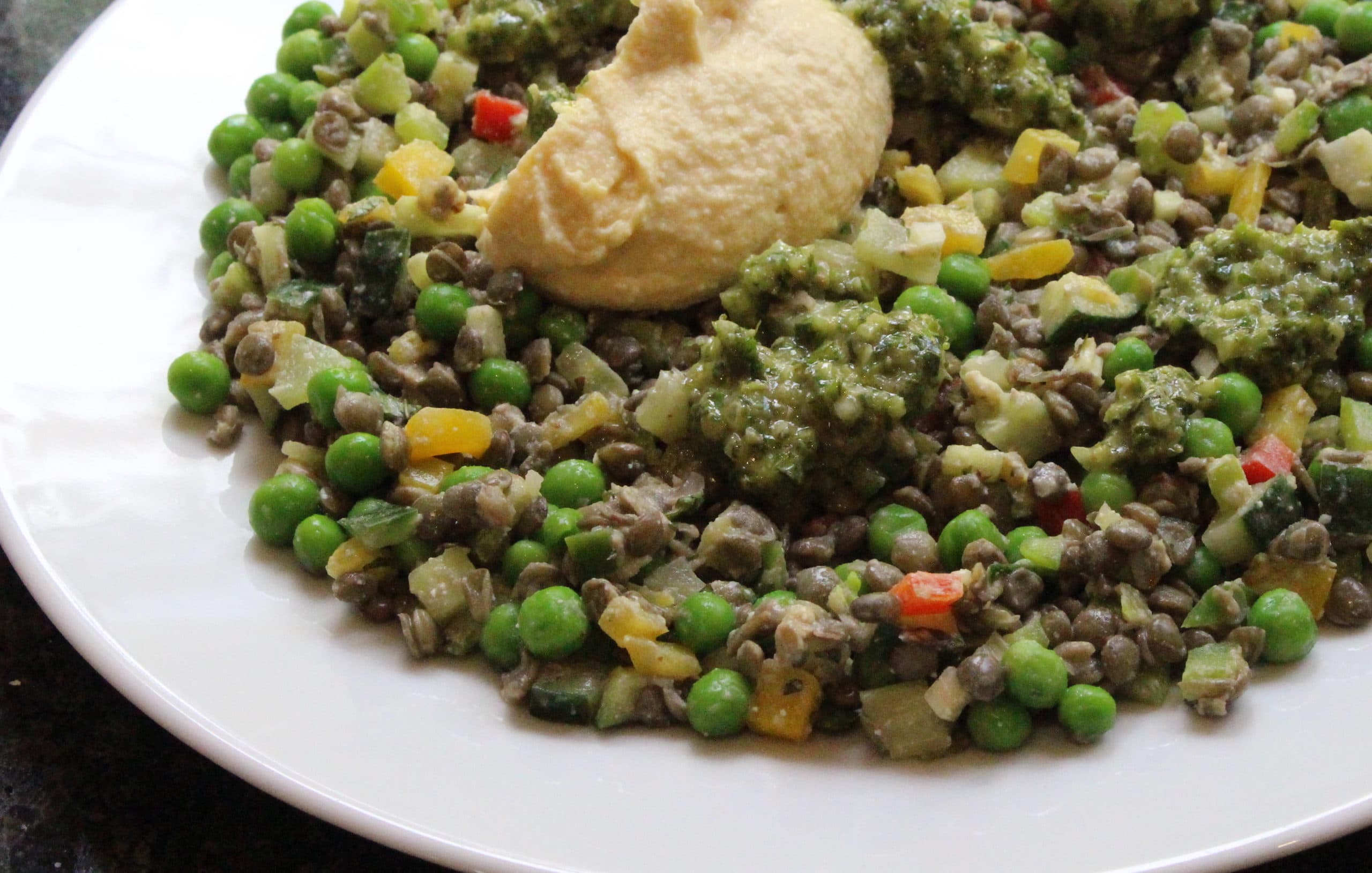 vegan peas and lentils with salsa verde and hummus jay halford plant based recipes