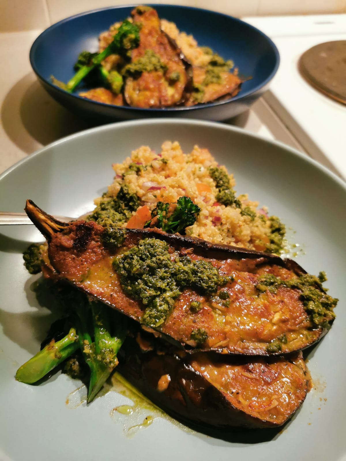 miso aubergines with quinoa tabbouleh